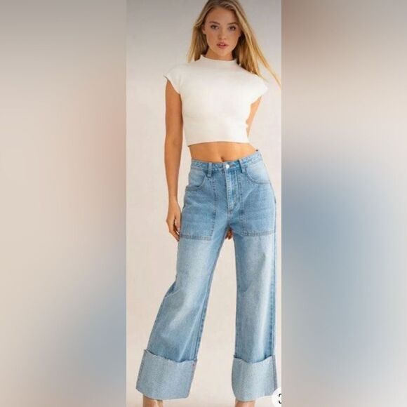Denim - High Waisted Wide Leg Cuffed Jeans - Size small